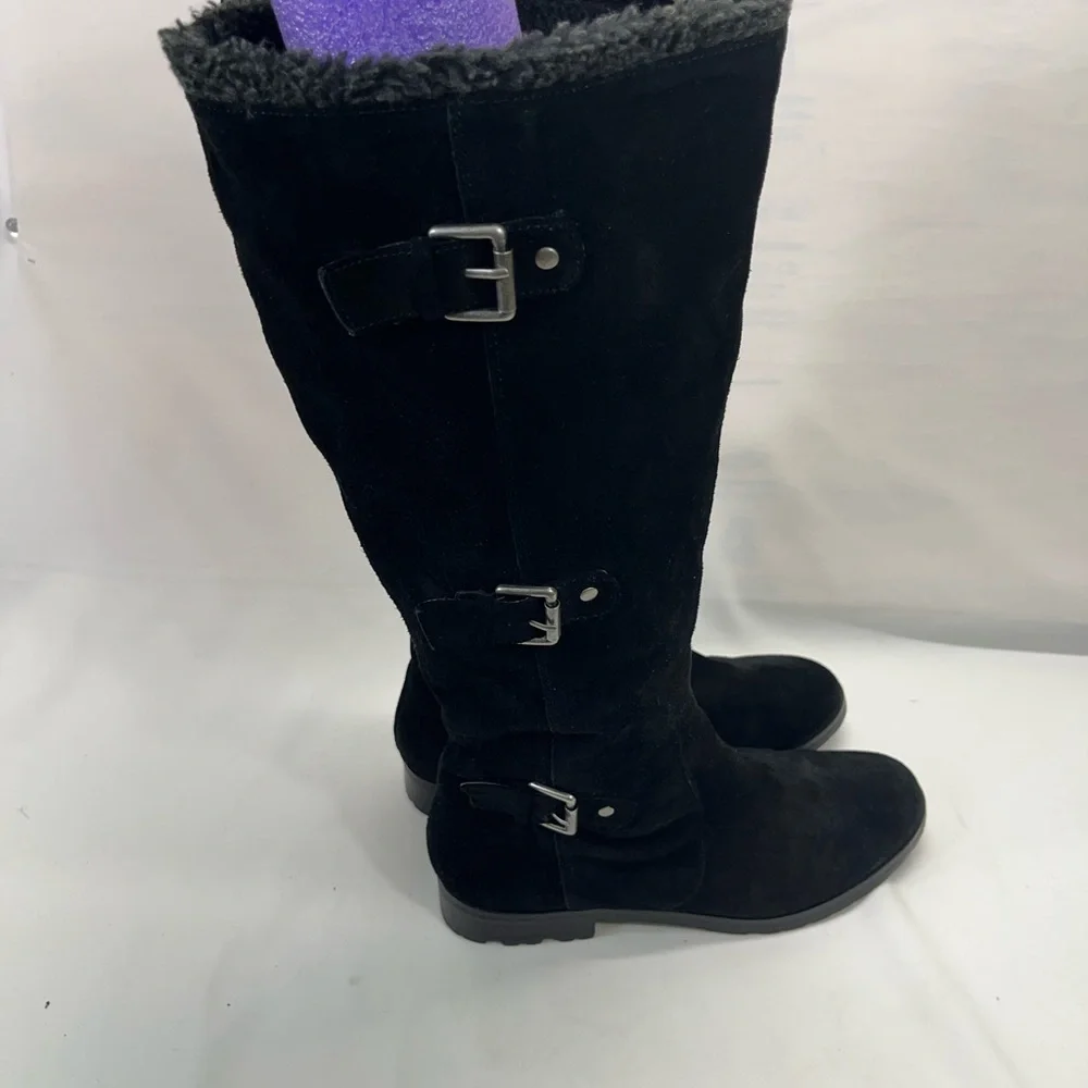 ALFANI VERMONT SUEDE LEATHER SHEARLING TRIPLE BUCKLE RIDING‎ BOOT WOMEN 7 BLACK